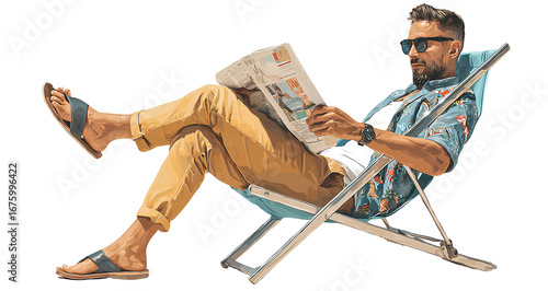 full-body photograph of a mature man sitting on a beach chair, reading a travel magazine 