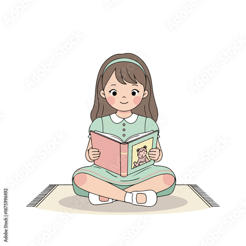 Young girl reading a book while sitting crosslegged on a rug in a bright room, enjoying a quiet moment of imagination and learning.