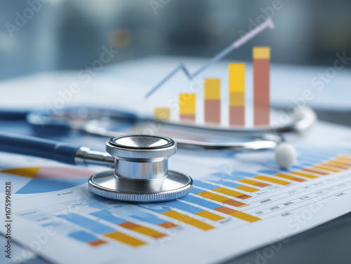 Stethoscope placed on medical charts and graphs showing upward growth and data analysis, symbolizing healthcare progress and medical research