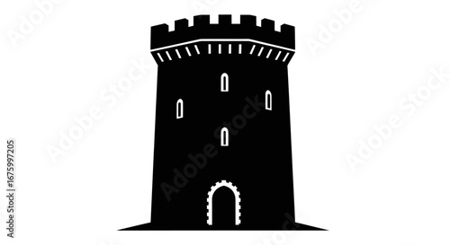 Silhouette of a Medieval Castle Tower with Crenellations and Arched Entrance.