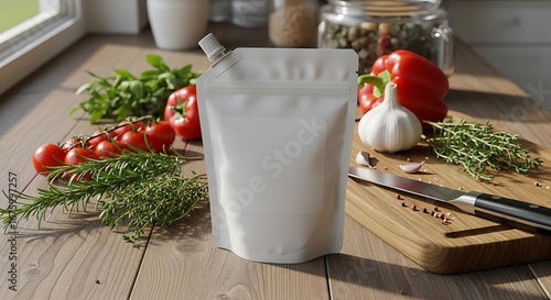 White stand-up pouch mockup for food product branding, surrounded by fresh organic vegetables and aromatic herbs on a rustic wooden kitchen counter