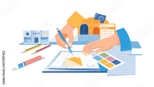 Architectural designer drafting building plans with color swatches, creating innovative designs for new construction projects and infrastructure development, professional design process