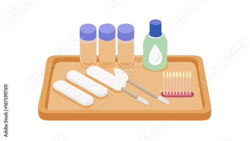 First aid essentials on a tray offer a clean and organized approach to healthcare, featuring bandages, antiseptic solution, swabs, and medicine bottles for quick response and care