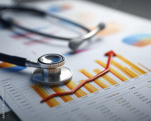 Medical data charts with stethoscope and red upward arrow indicating growth or progress in healthcare or medical analysis