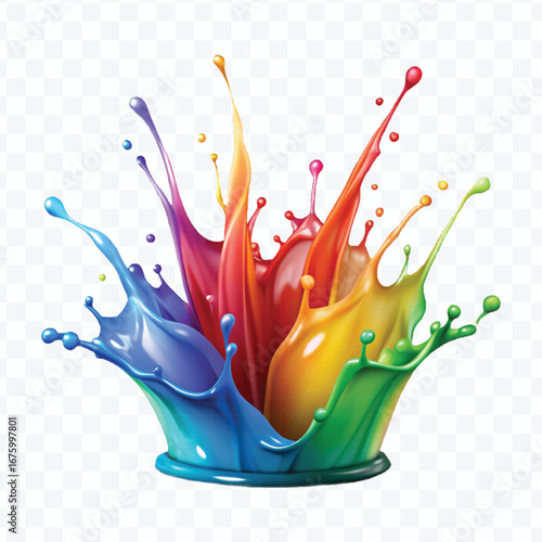 realistic 3d multi or rainbow color liquid paint splash isolated on transparent background