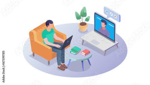 Connect remotely with coworkers during virtual meetings and work from home in comfort, enjoying a relaxed atmosphere with a laptop, books, and houseplant nearby