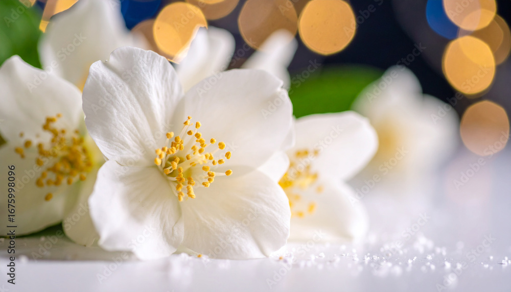 Obraz premium Delicate White Jasmine Flowers with a Glowing Golden Bokeh Background