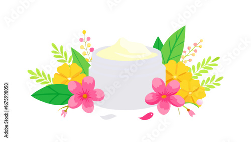 Elegant moisturizer cream surrounded by bright floral accents, ideal for organic beauty product promotions, showcasing natural skincare, or highlighting spring freshness in cosmetic ads