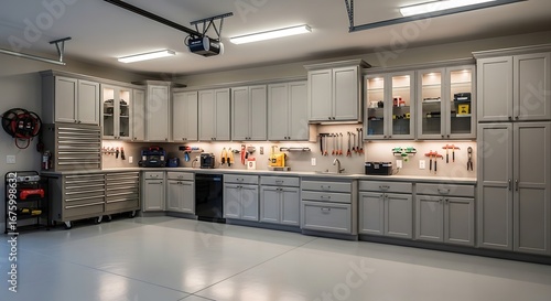 Organized Garage with Custom Storage Cabinets.