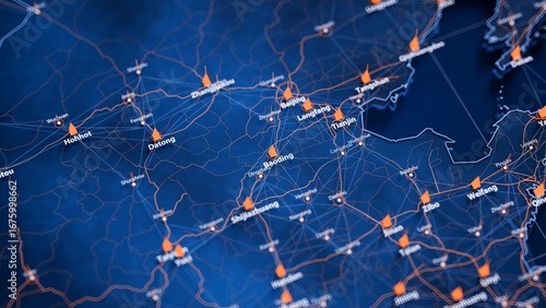 Baoding map big data visualization. Futuristic map infographic of city in China. Visual map data complexity in modern blue and orange colors