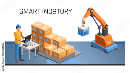 Smart factory automation with robotic arm lifting cargo containers, showcasing efficiency and modern technology, ideal for industry 4.0, logistics and supply chain solutions