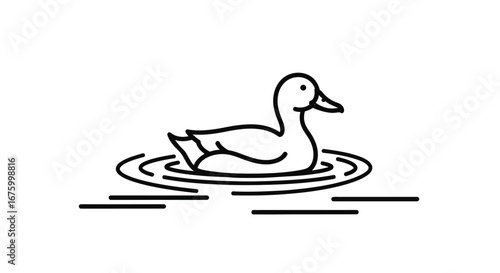A simple black line art icon of a duck swimming peacefully on water with ripples.
