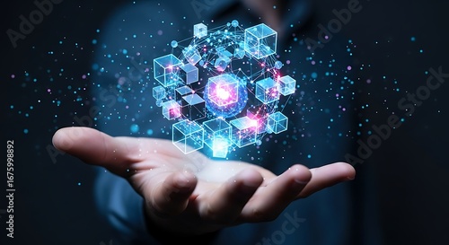 Fototapeta Naklejka Na Ścianę i Meble -  Hand holding a glowing cube structure with digital particles and light