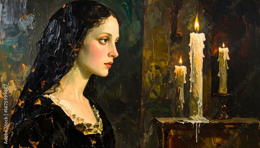 Fototapeta premium Gothic portrait of mysterious woman by candlelight
