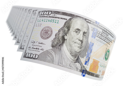 Abstract Set of Falling Collection of U.S. 100 Dollar Bills on a Transparent Background. Transparent PNG.