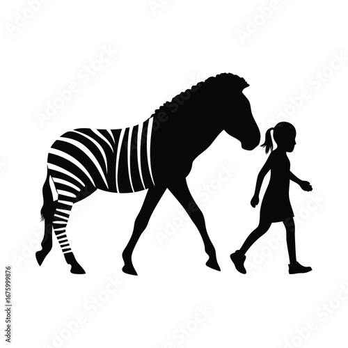 Silhouette of a zebra and young girl walking together creating a striped cut-out effect