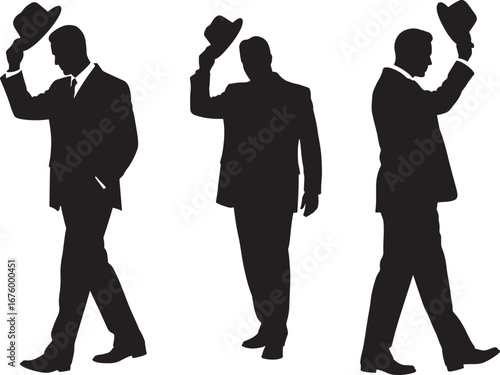 Three businessmen in suits tipping hats silhouette