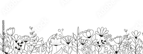 Horizontal seamless banner decorated with blooming flowers and leaves. Spring floral backdrop. Vector illustration on white background