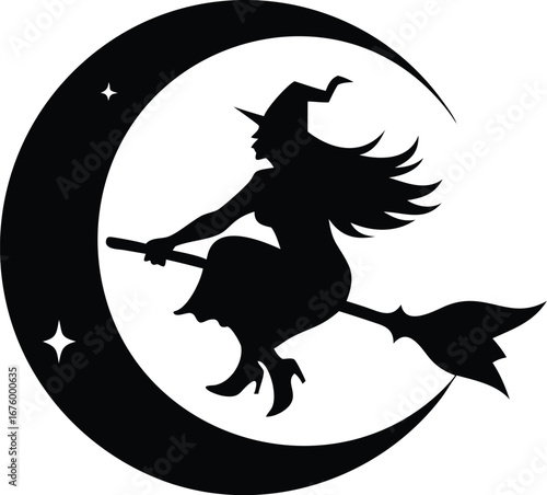 Spooky witch silhouette flying on broomstick under a crescent moon with stars halloween art