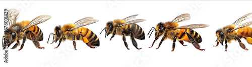Four different honeybees in various poses side view white background hyperrealistic photography