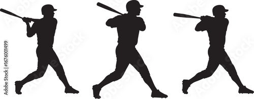 Three baseball players in silhouette swinging bats during a game