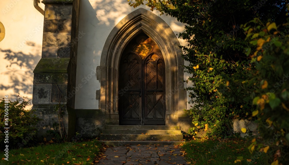 Fototapeta premium Old chapel doorway framed by ivy in soft golden sunset