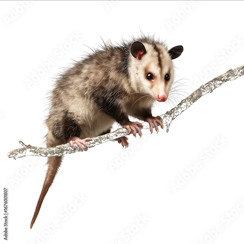 Photograph of a realistic possum on a branch isolated on a white background with a clipping path showing the full body view