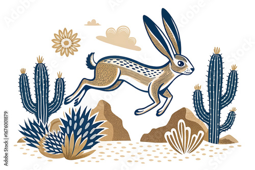 Jackrabbit jumping over cactus and rocky desert land, dynamic wildlife sketch illustration