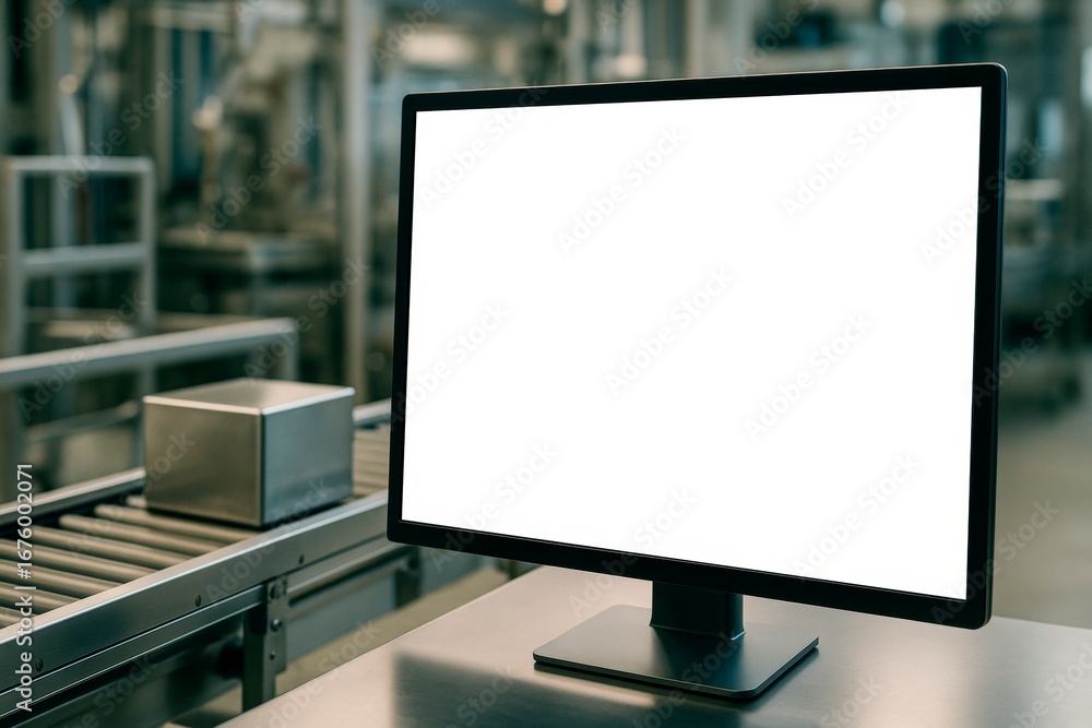 Fototapeta premium Blank monitor screen mockup in industrial factory setting with conveyor belt and metallic box in background for clean tech display concept. Ai generative