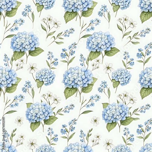 Delicate watercolor seamless pattern featuring soft blue hydrangeas and small white wildflowers on a light background