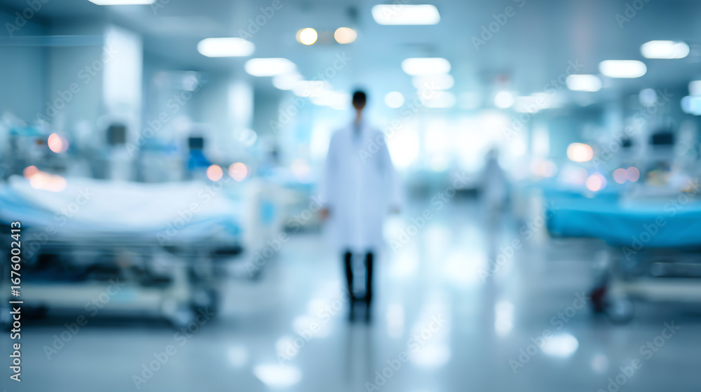 Fototapeta premium A blurred view of a hospital setting with doctors and patients, illustrating the busy yet critical environment of healthcare.