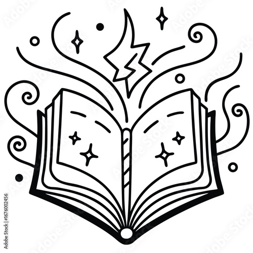 Ancient spellbook opened to glowing pages coloring page vector line art design 