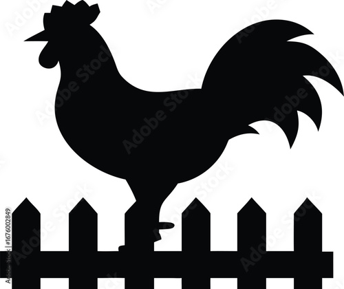 Majestic rooster silhouette crowing proudly atop a picket fence at dawn