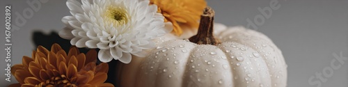 White pumpkin with water drops and orange, white chrysanthemums, soft muted beige and yellow palette, ideal for autumn greeting cards.