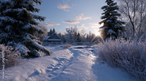 Tranquil winter landscape with snow-covered cabin and pine trees at sunrise.