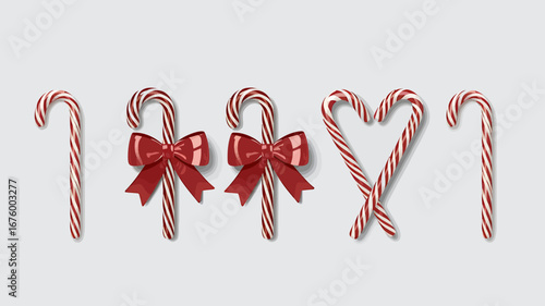Vector art of five candy canes arranged on a, with two decorated with red bows, and two forming a heart shape