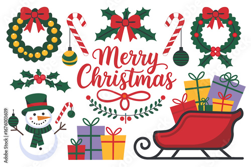 Vector art of collection of christmas symbols featuring a snowman, sleigh with gifts, candy canes, holly, and two wreaths