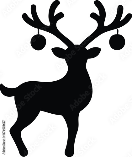 Elegant reindeer silhouette with festive ornaments on its antlers for holiday design