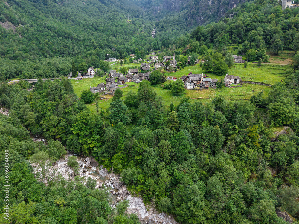Obraz premium Drone view at the village of San Carlo in the Swiss alps