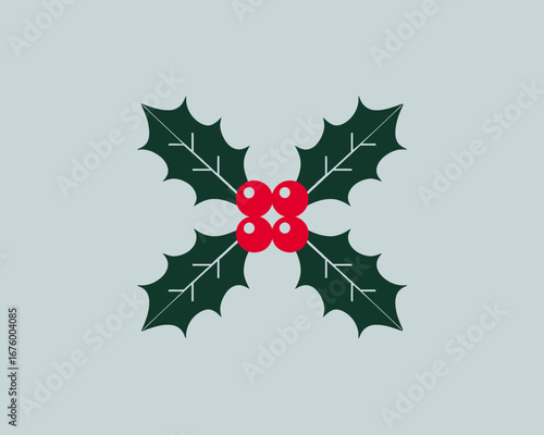 Vector art of a stylized illustration of a sprig of holly with four dark green leaves and four bright red berries against a light blue background