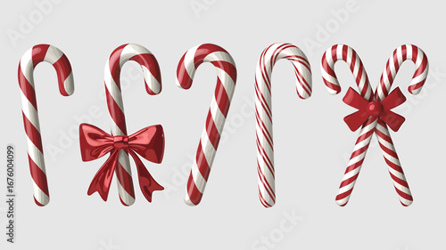 Vector art of collection of traditional red and white striped candy canes with red bows