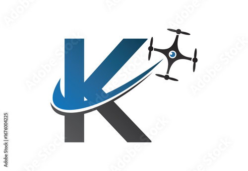 Latter K drone logo design template with blue and gray color