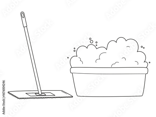 Cleaning tools - mop and basin with a foam. Doodle vector illustration isolated on white background