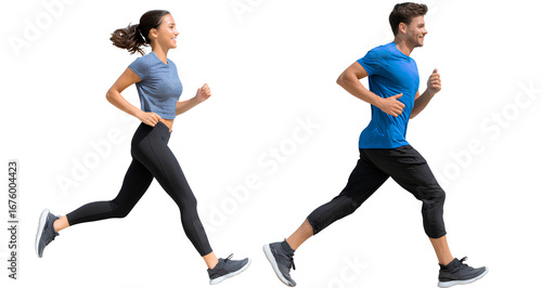 full-body photograph of an attractive indian couple running, wearing sportswear and sneakers on a white background