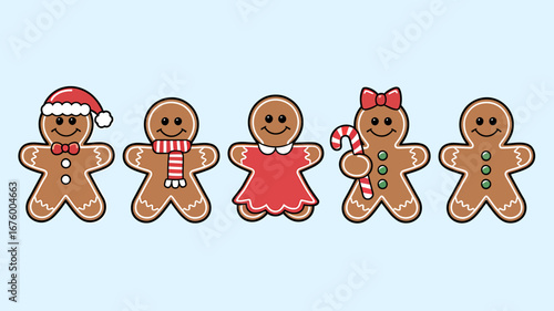 Vector art of a row of five cute gingerbread cookies decorated for christmas with a santa hat, scarf, dress, bow, and candy cane on a light blue background
