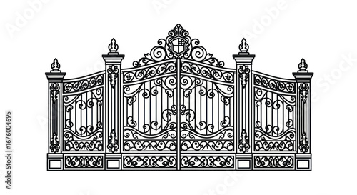 Ornate Black and White Wrought Iron Entrance Gate.