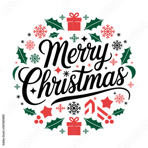 Vector art of merry christmas text with festive elements like snowflakes, holly, gifts, and candy canes in a circular design
