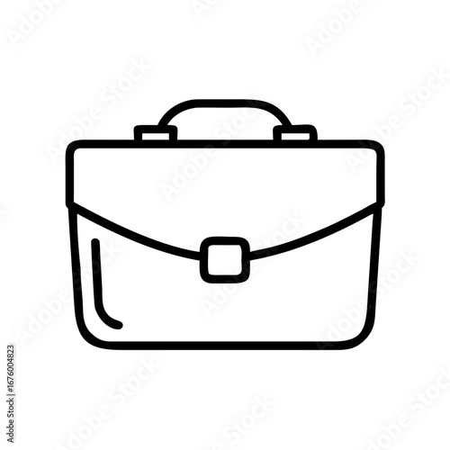 Illustration of a simple black outline briefcase with a handle and a clasp on a white background