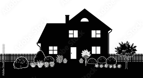 Silhouette of a Two-Story House with Landscaping and Picket Fence.