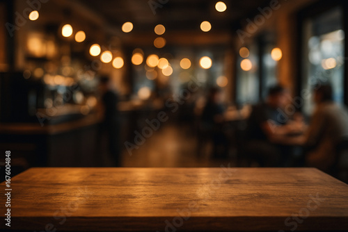 AI-generated image - Wooden table with blurred background of modern cafe interior, warm ambient lighting, and people sitting inside.